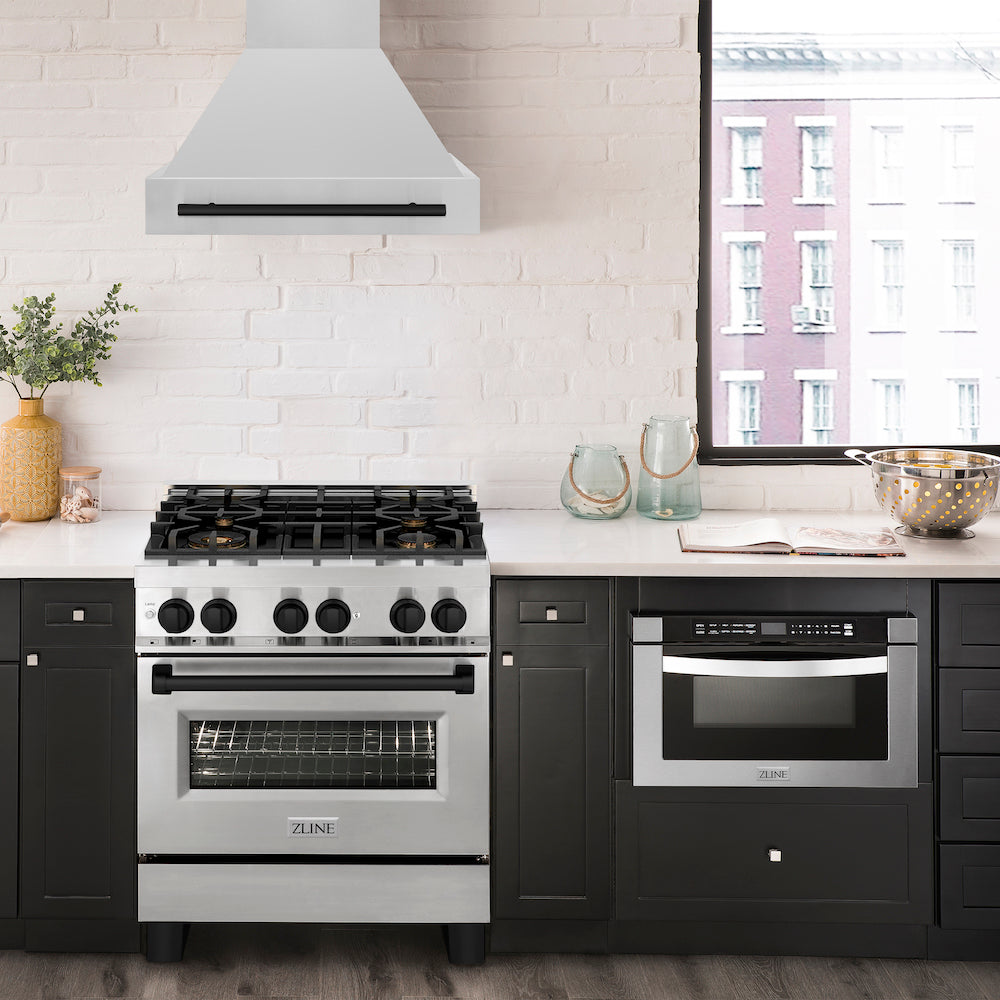 ZLINE Autograph Edition 30 in. 4.0 cu. ft. Dual Fuel Range with Gas Stove and Electric Oven in Stainless Steel with Matte Black Accents (RAZ-30-MB) in a modern-style compact kitchen.