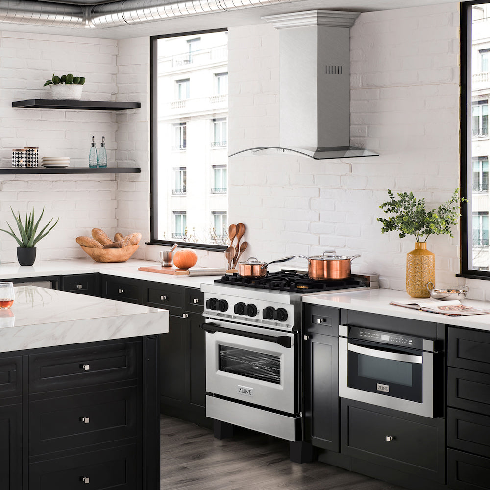 ZLINE Autograph Edition 30 in. 4.0 cu. ft. Dual Fuel Range with Gas Stove and Electric Oven in Stainless Steel with Matte Black Accents (RAZ-30-MB) in a luxury modern-style compact kitchen from side.