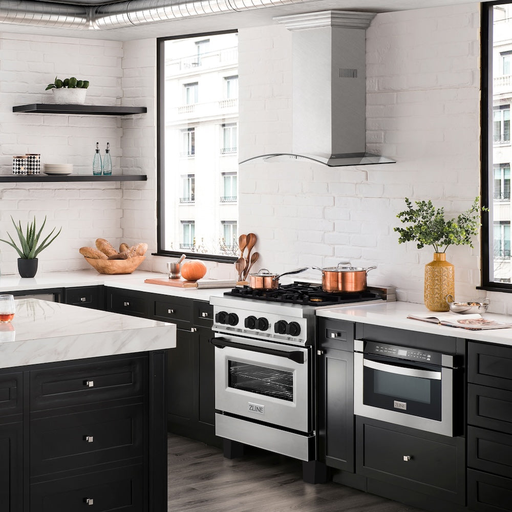 ZLINE Autograph Edition 30 in. 4.0 cu. ft. Legacy Dual Fuel Range with 4 Burner Gas Cooktop and Electric Convection Oven in Stainless Steel and Matte Black Accents (RAZ-30-MB) in a luxury kitchen with matching appliances.