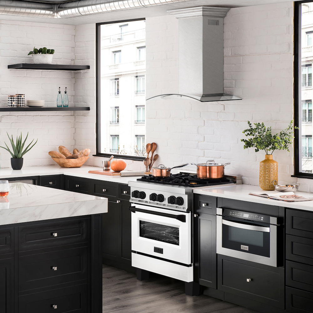 ZLINE Autograph Edition 30 in. 4.0 cu. ft. Legacy Dual Fuel Range with 4 Burner Gas Cooktop and Electric Convection Oven in Stainless Steel with White Matte Door and Matte Black Accents (RAZ-WM-30-MB) in a luxury kitchen with matching appliances.