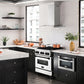 ZLINE Autograph Edition 30 in. 4.0 cu. ft. Legacy Dual Fuel Range with 4 Burner Gas Cooktop and Electric Convection Oven in Stainless Steel with White Matte Door and Matte Black Accents (RAZ-WM-30-MB) in a luxury kitchen with matching appliances.