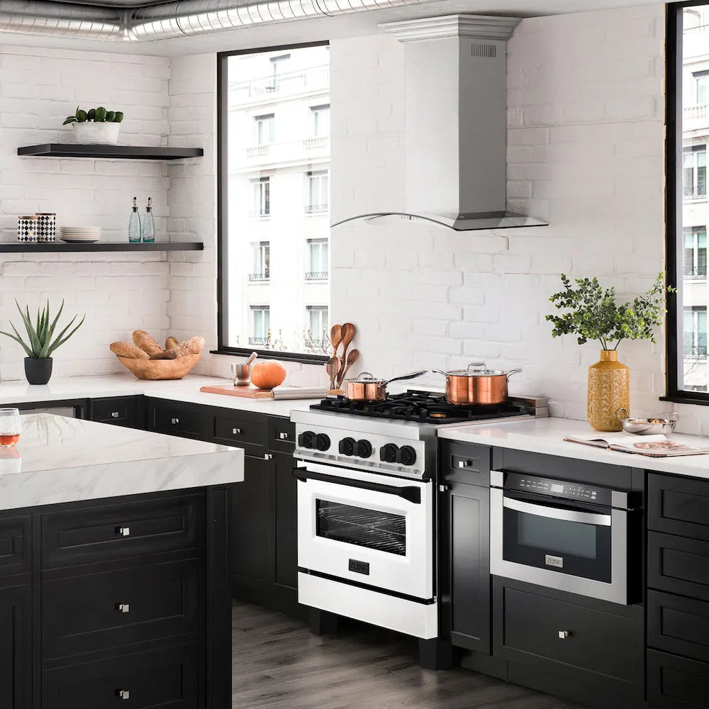 ZLINE Autograph Edition 30 in. 4.0 cu. ft. Legacy Dual Fuel Range with 4 Burner Gas Cooktop and Electric Convection Oven in Stainless Steel with White Matte Door and Matte Black Accents (RAZ-WM-30-MB) in a luxury kitchen with matching appliances.