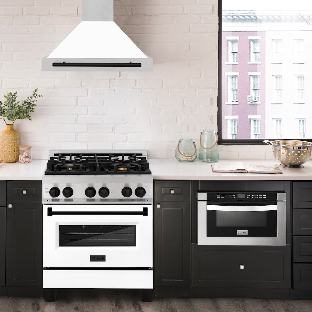 ZLINE Autograph Edition 30 in. Convertible Satin Stainless Steel Wall Mount Range Hood with White Matte Shell with Accent Handle (KB4SNZ-WM30)