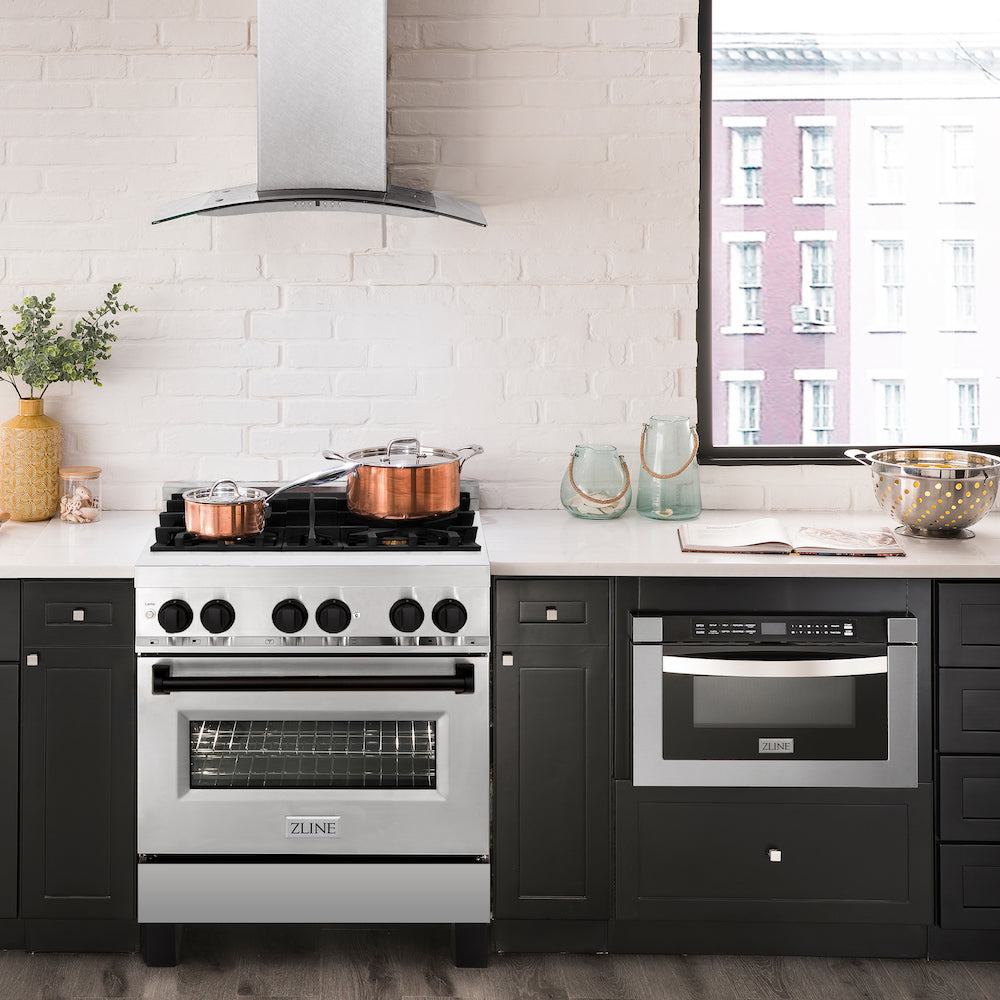 ZLINE Autograph Edition 30 in. 4.0 cu. ft. Dual Fuel Range with Gas Stove and Electric Oven in Stainless Steel with Matte Black Accents (RAZ-30-MB) in a white cottage-style kitchen with matching appliances from front.