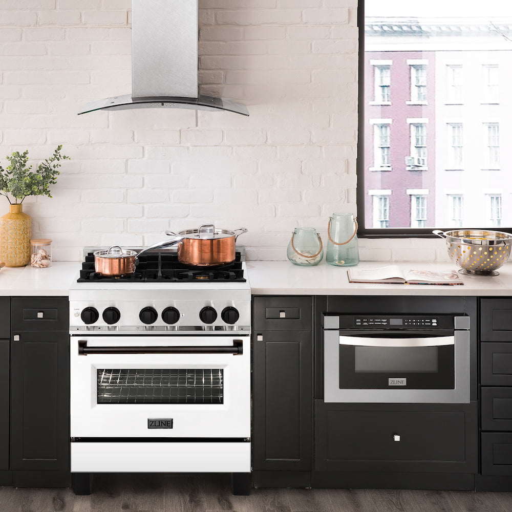 ZLINE Autograph Edition 30 in. 4.0 cu. ft. Dual Fuel Range with Gas Stove and Electric Oven in Stainless Steel with White Matte Door and Matte Black Accents (RAZ-WM-30-MB) in a white cottage-style kitchen with matching appliances from front.