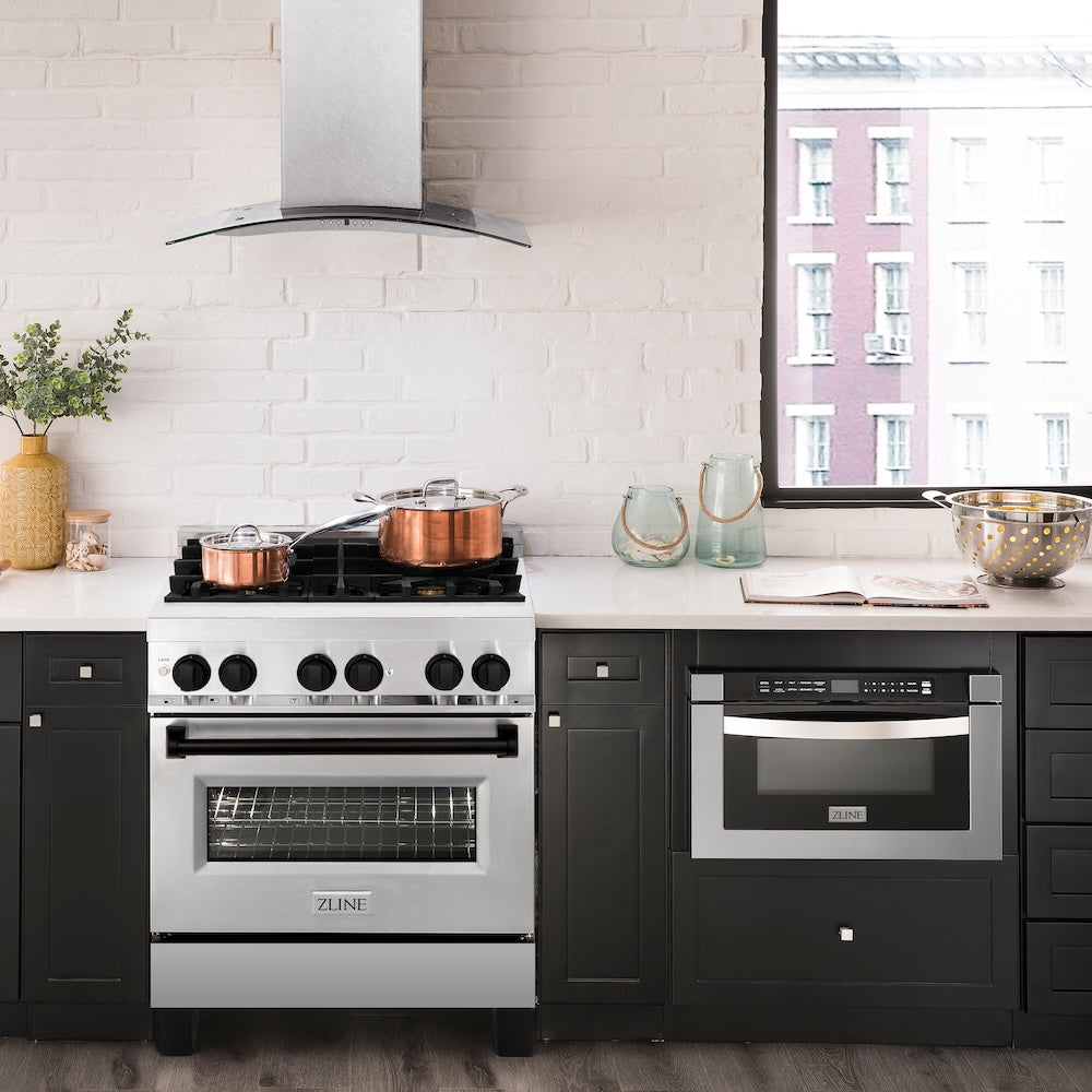 ZLINE Autograph Edition 30 in. 4.0 cu. ft. Legacy Dual Fuel Range with 4 Burner Gas Cooktop and Electric Convection Oven in Stainless Steel and Matte Black Accents (RAZ-30-MB) in a luxury kitchen with matching appliances.