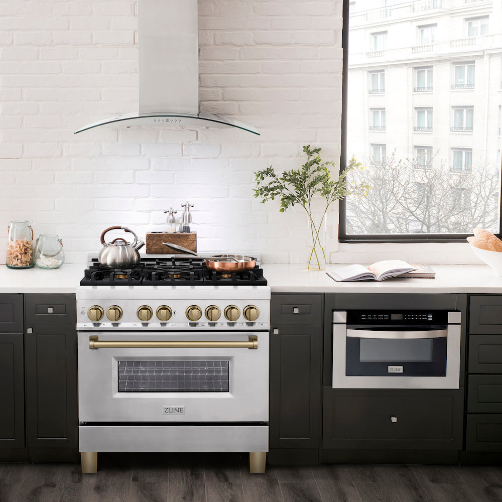 ZLINE Autograph Edition 36 in. 4.6 cu. ft. Dual Fuel Range with Gas Stove and Electric Oven in Stainless Steel with Champagne Bronze Accents (RAZ-36-CB) in a modern-style compact kitchen.