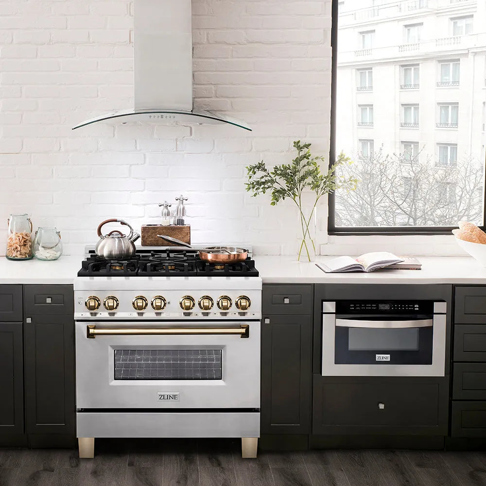 ZLINE Autograph Edition 36 in. 4.6 cu. ft. Legacy Dual Fuel Range with 6 Burner Gas Cooktop and Electric Convection Oven in Stainless Steel and Polished Gold Accents (RAZ-36-G) in a kitchen with a hood and microwave.