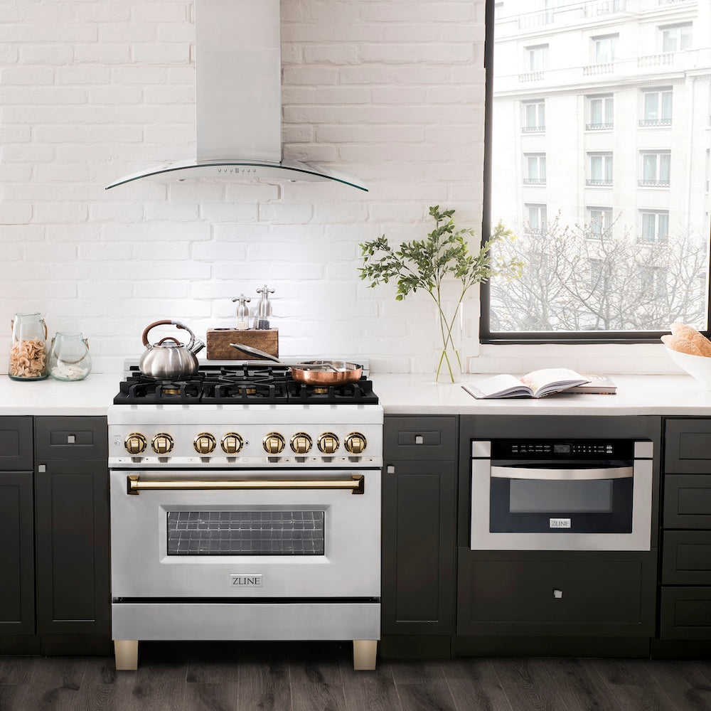 ZLINE Autograph Edition 36 in. 4.6 cu. ft. Legacy Dual Fuel Range with 6 Burner Gas Cooktop and Electric Convection Oven in Stainless Steel and Polished Gold Accents (RAZ-36-G) in a luxury kitchen with matching appliances.