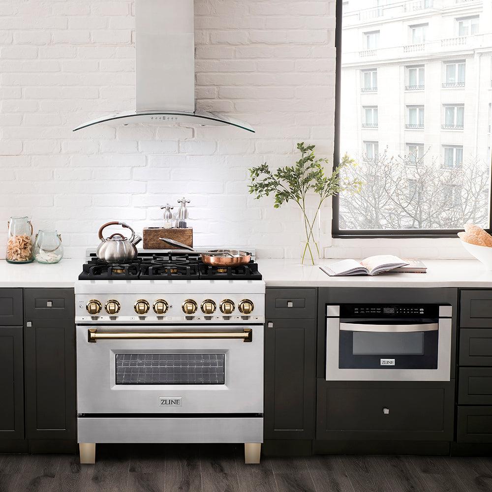 ZLINE Autograph Edition 36 in. 4.6 cu. ft. Legacy Dual Fuel Range with 6 Burner Gas Cooktop and Electric Convection Oven in Stainless Steel and Polished Gold Accents, Open Box-Good Condition