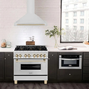 ZLINE Autograph Edition 36 in. Stainless Steel Range Hood with Stainless Steel Shell and Accents (KB4STZ-36) in modern luxury apartment kitchen above matching range.