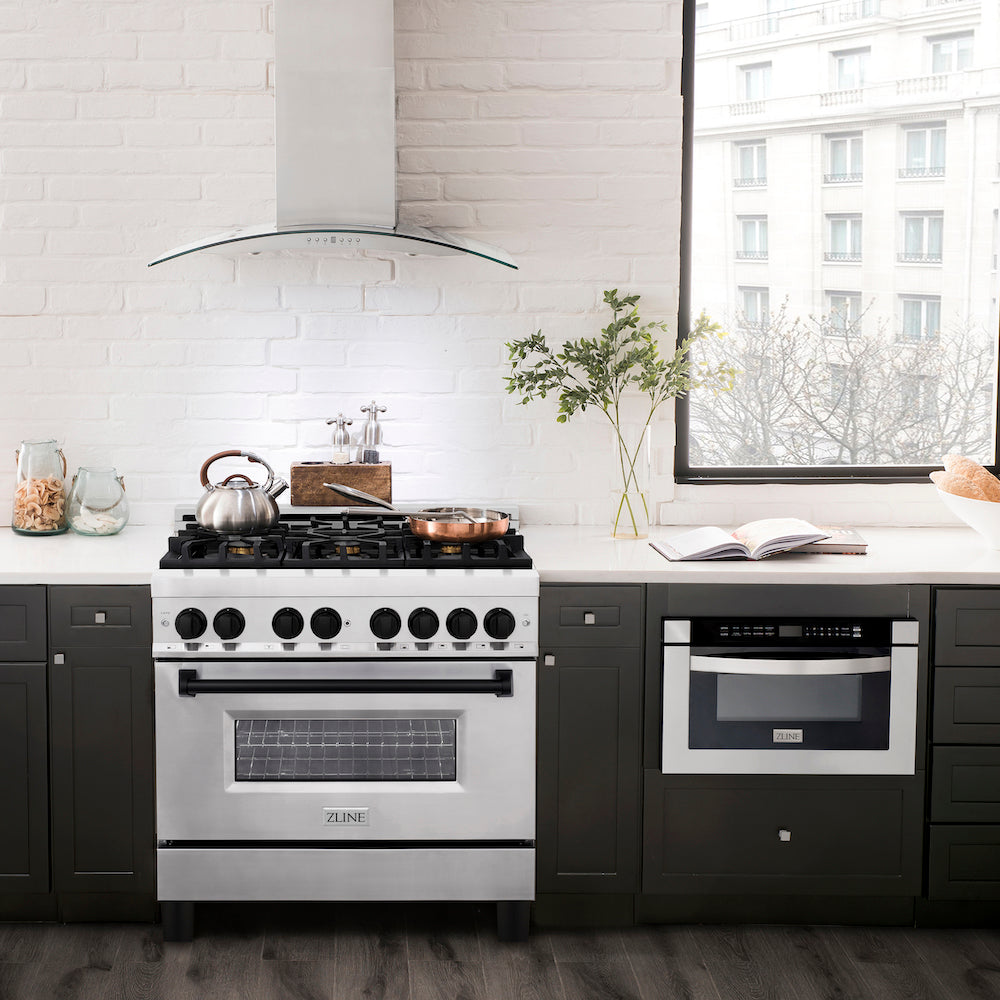 ZLINE Autograph Edition 36 in. 4.6 cu. ft. Dual Fuel Range with Gas Stove and Electric Oven in Stainless Steel with Matte Black Accents (RAZ-36-MB) in a modern-style compact kitchen.