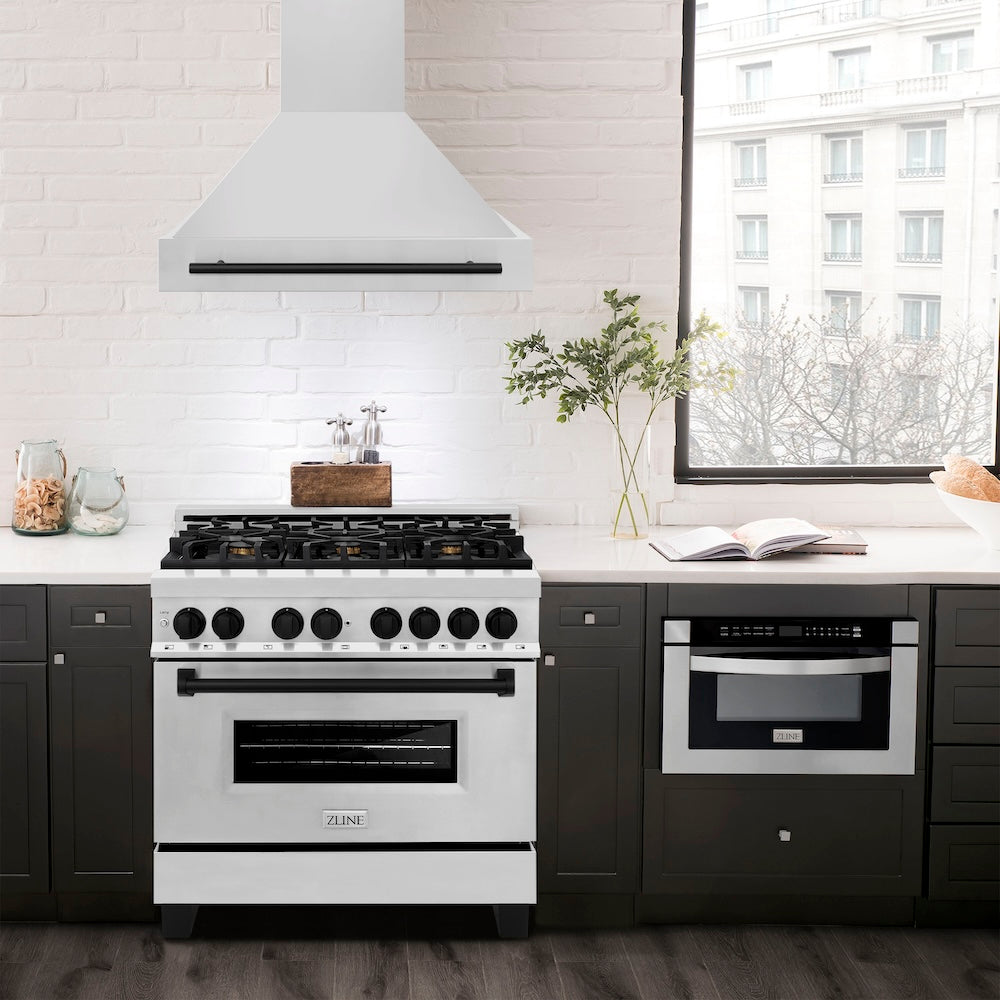 ZLINE Autograph Edition 36 in. Kitchen Package with Stainless Steel Dual Fuel Range and Range Hood with Matte Black Accents (2AKP-RARH36-MB)