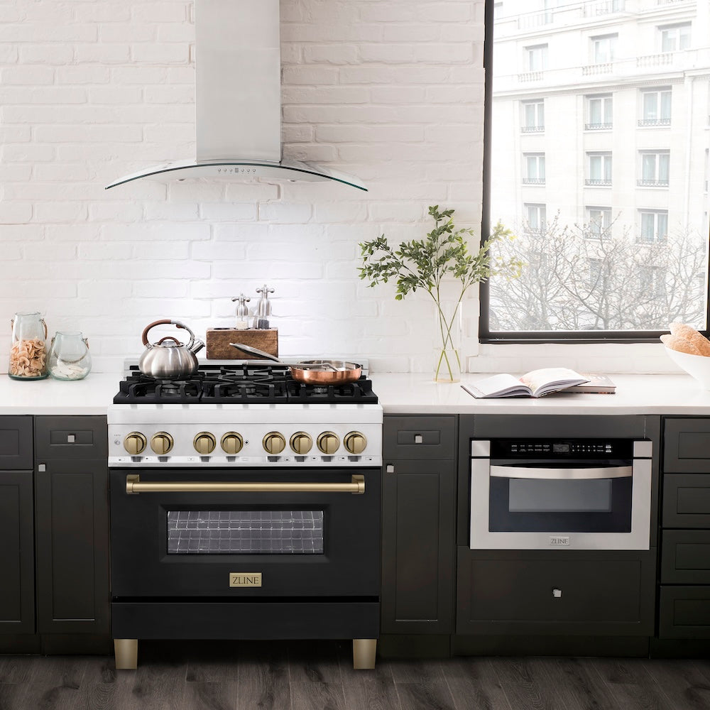 ZLINE Autograph Edition 36 in. 4.6 cu. ft. Legacy Dual Fuel Range with 6 Burner Gas Cooktop and Electric Convection Oven in Stainless Steel with Black Matte Door and Champagne Bronze Accents, Open Box-Good Condition