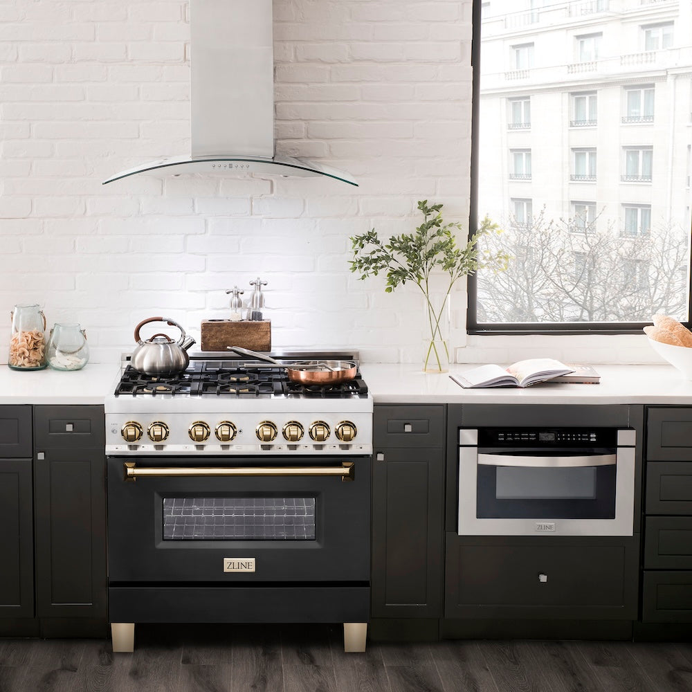 ZLINE Autograph Edition 36 in. 4.6 cu. ft. Legacy Dual Fuel Range with 6 Burner Gas Cooktop and Electric Convection Oven in Stainless Steel with Black Matte Door and Polished Gold Accents, Open Box-Good Condition