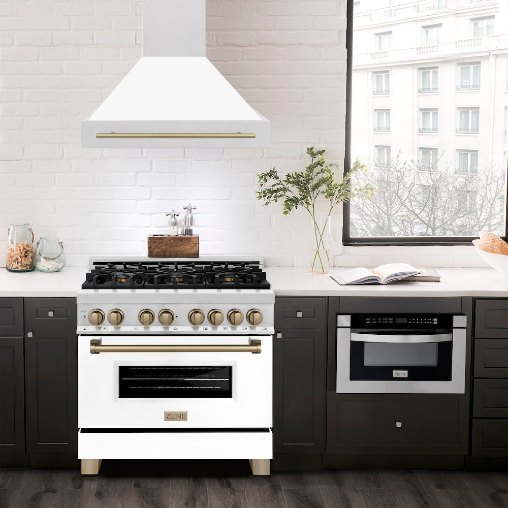 ZLINE Autograph Edition 36 in. Satin Stainless Steel Wall Mount Range Hood with White Matte Shell and Accent Handle (8654SNZ-WM36)