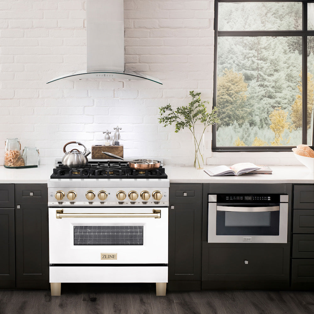 ZLINE Autograph Edition 36 in. 4.6 cu. ft. Dual Fuel Range with Gas Stove and Electric Oven in Stainless Steel with White Matte Door and Polished Gold Accents (RAZ-WM-36-G) in a modern-style compact kitchen.
