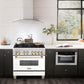 ZLINE Autograph Edition 36 in. 4.6 cu. ft. Legacy Dual Fuel Range with 6 Burner Gas Cooktop and Electric Convection Oven in Stainless Steel with White Matte Door and Polished Gold Accents (RAZ-WM-36-G) in a luxury kitchen with matching appliances.