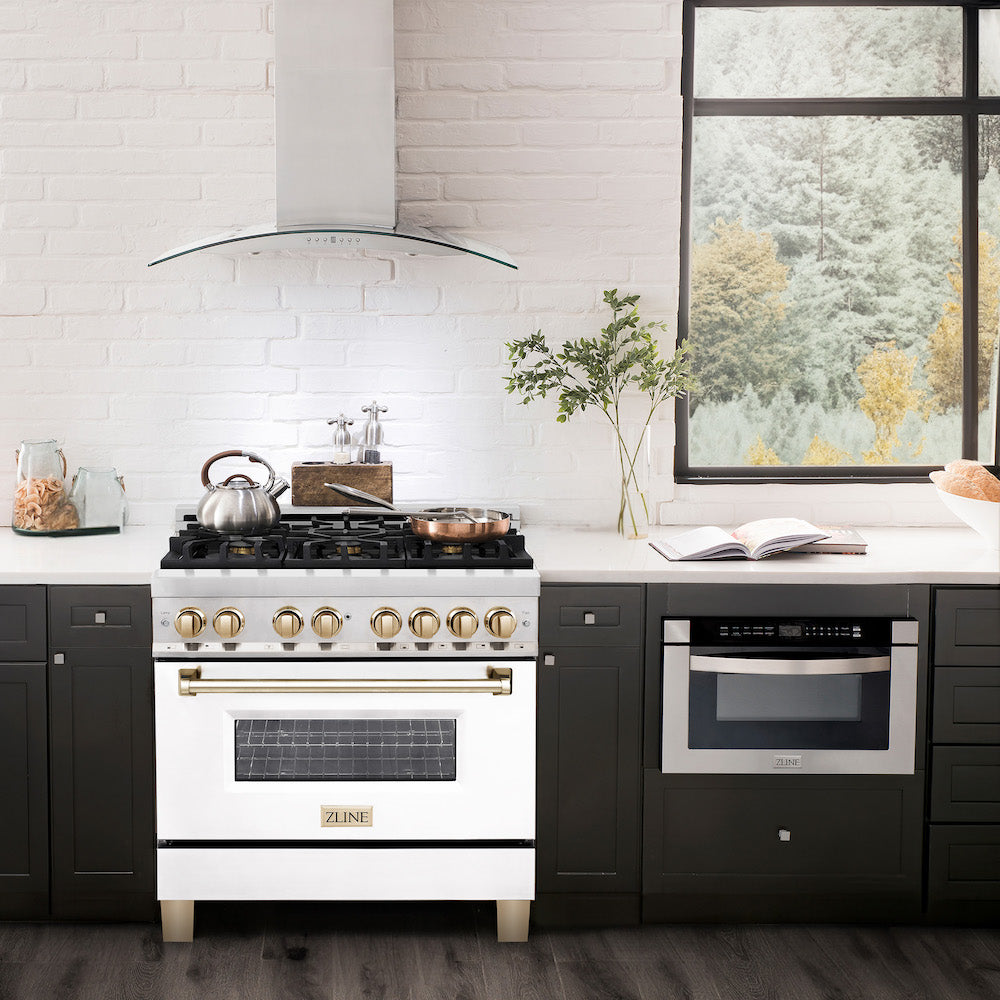ZLINE Autograph Edition 36 in. 4.6 cu. ft. Legacy Dual Fuel Range with 6 Burner Gas Cooktop and Electric Convection Oven in Stainless Steel with White Matte Door and Polished Gold Accents (RAZ-WM-36-G) in a luxury kitchen with matching appliances.