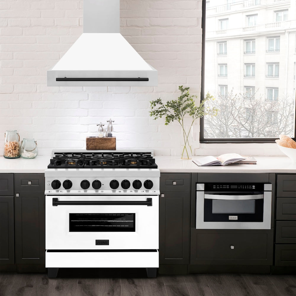 ZLINE Autograph Edition 36 in. Kitchen Package with Stainless Steel Dual Fuel Range with White Matte Door and Range Hood with Matte Black Accents (2AKP-RAWMRH36-MB)