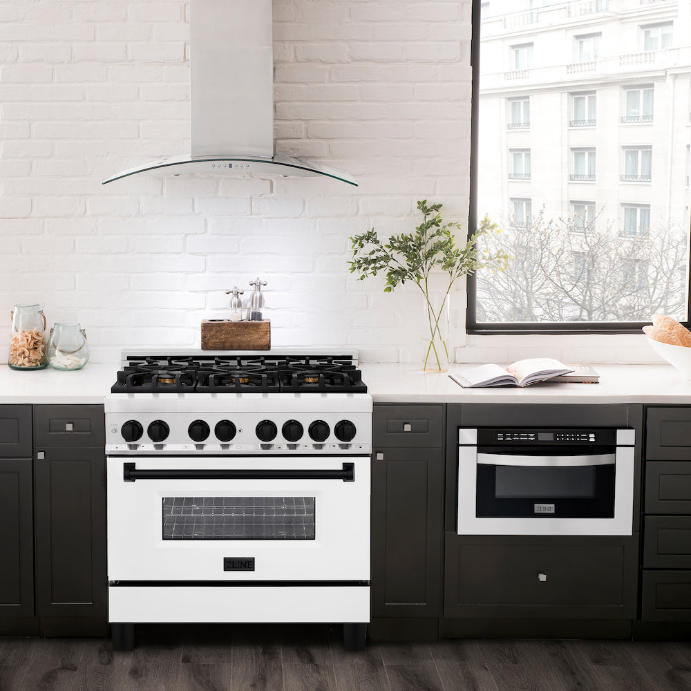 ZLINE Autograph Edition 36 in. 4.6 cu. ft. Dual Fuel Range with Gas Stove and Electric Oven in Stainless Steel with White Matte Door and Matte Black Accents (RAZ-WM-36-MB) in a modern-style compact kitchen.