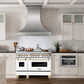 ZLINE Autograph Edition 48 in. 6.0 cu. ft. Legacy Dual Fuel Range with 7 Burner Gas Cooktop and 2 Electric Ovens in Stainless Steel with White Matte Doors and Polished Gold Accents (RAZ-WM-48-G) in a luxury kitchen with matching appliances.
