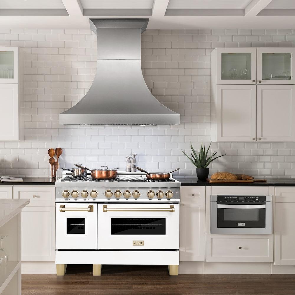 ZLINE Autograph Edition 48 in. 6.0 cu. ft. Legacy Dual Fuel Range with 7 Burner Gas Cooktop and 2 Electric Ovens in Stainless Steel with White Matte Doors and Polished Gold Accents (RAZ-WM-48-G) in a luxury kitchen with matching appliances.
