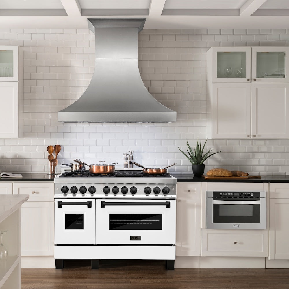 ZLINE Autograph Edition 48 in. 6.0 cu. ft. Legacy Dual Fuel Range with 7 Burner Gas Cooktop and 2 Electric Ovens in Stainless Steel with White Matte Doors and Matte Black Accents, Open Box-Good Condition