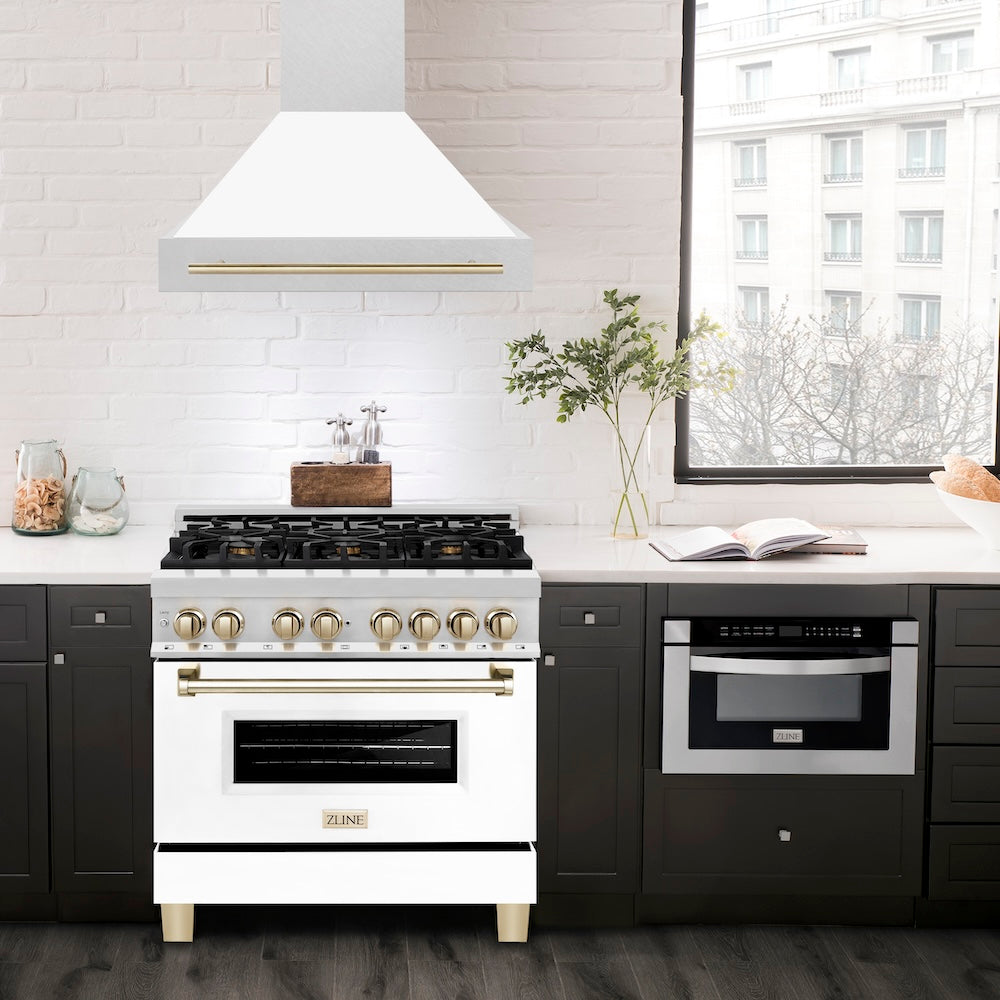 ZLINE Autograph Edition 36 in. Satin Stainless Steel Wall Mount Range Hood with White Matte Shell and Accent Handle (8654SNZ-WM36)