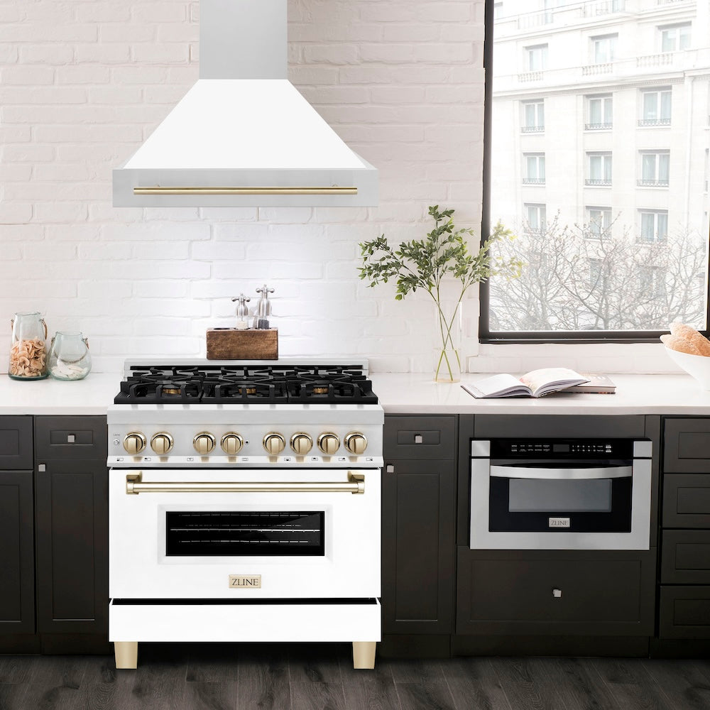 ZLINE Autograph Edition 36 in. Kitchen Package with Stainless Steel Dual Fuel Range with White Matte Door and Range Hood with Polished Gold Accents (2AKP-RAWMRH36-G)