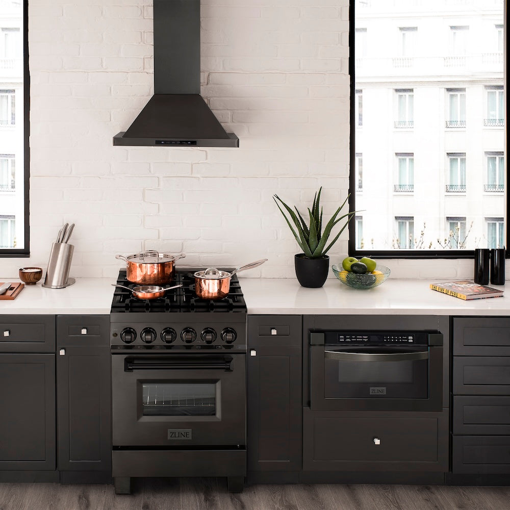 ZLINE 24 in. 2.8 cu. ft. Legacy Dual Fuel Range with Gas Cooktop and Electric Convection Oven in Black Stainless Steel with 4 Brass Burners, Open Box-Good Condition