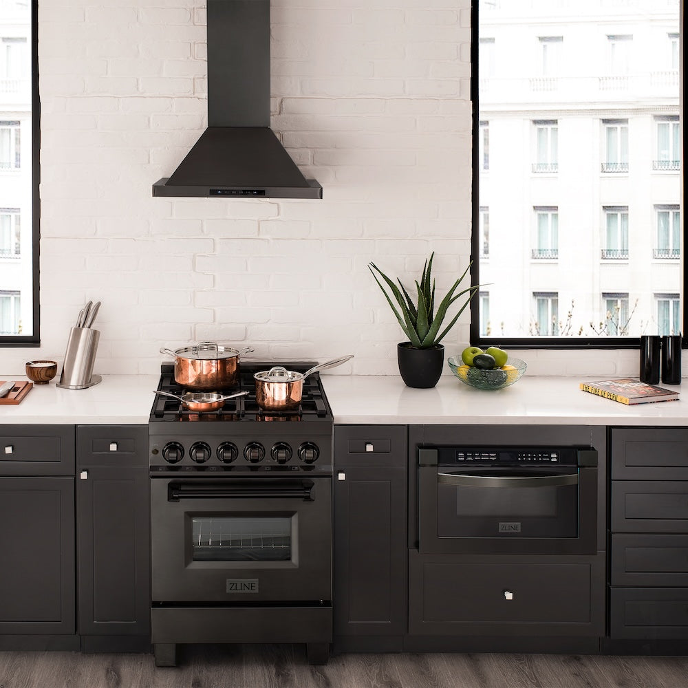 ZLINE 24 in. 2.8 cu. ft. Legacy Dual Fuel Range with 4 Burner Gas Cooktop and Electric Convection Oven in Black Stainless Steel, Open Box-Good Condition