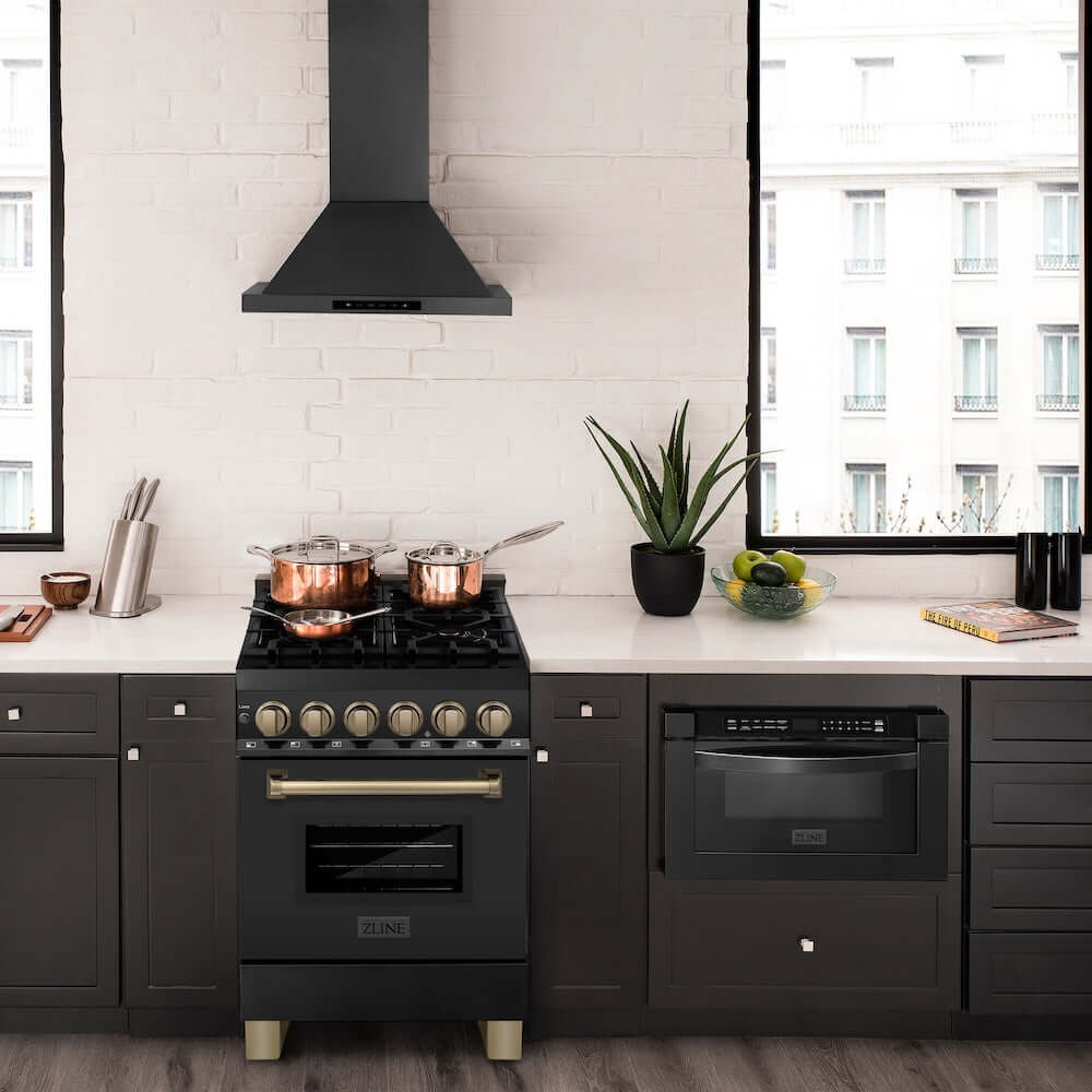 ZLINE Autograph Edition 24 in. 2.8 cu. ft. Legacy Dual Fuel Range with 4 Burner Gas Cooktop and Electric Convection Oven in Black Stainless Steel and Champagne Bronze Accents, Open Box-Good Condition