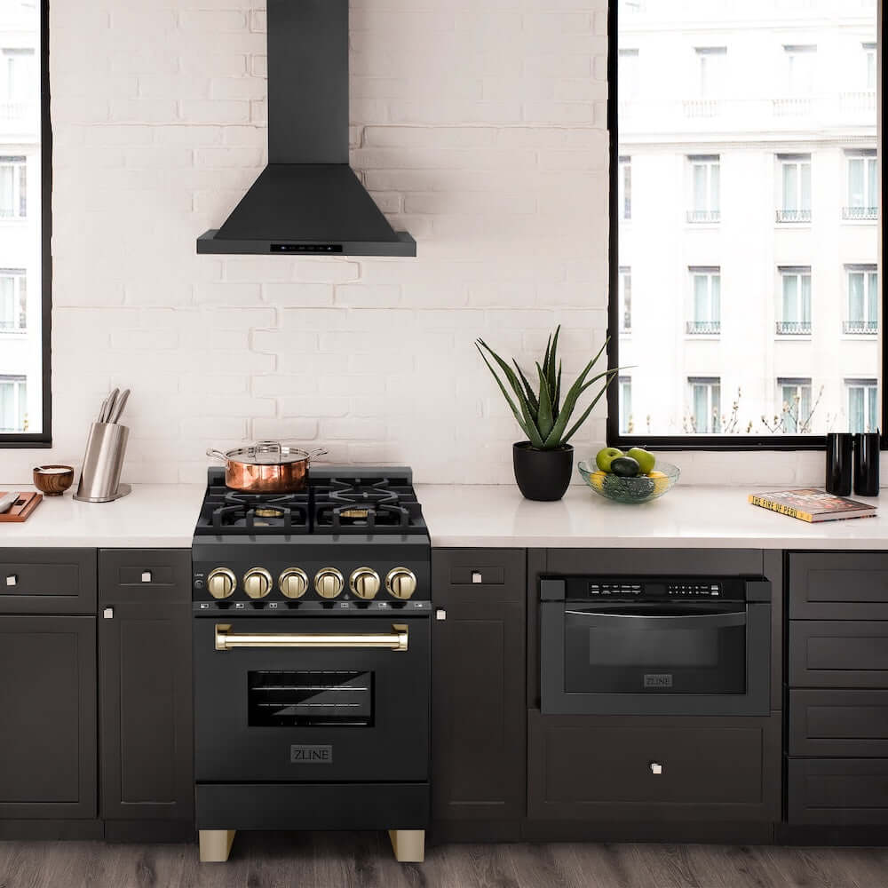 ZLINE Autograph Edition 24 in. 2.8 cu. ft. Legacy Dual Fuel Range with 4 Burner Gas Cooktop and Electric Convection Oven in Black Stainless Steel and Polished Gold Accents, Open Box-Good Condition
