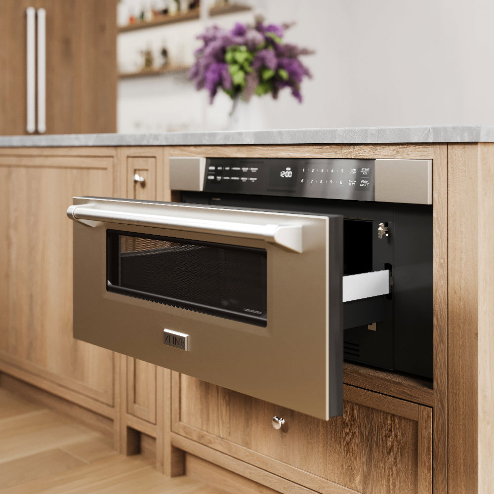 Stainless steel microwave drawer in a kitchen with wood details