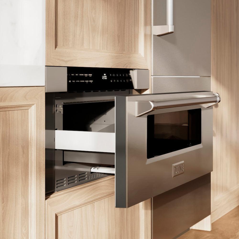 ZLINE 30 in. 1.2 cu. ft. Stainless Steel Built-In Microwave Drawer (MWD-30) in a luxury kitchen, side.