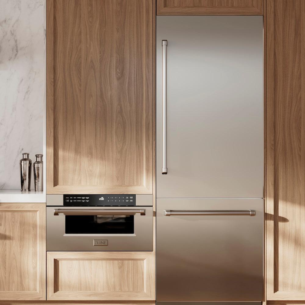 ZLINE 30 in. 16.1 cu. ft. Built-In Bottom Freezer Refrigerator with Water Dispenser and Ice Maker in Stainless Steel (RBIV-304-30) in a luxury kitchen.