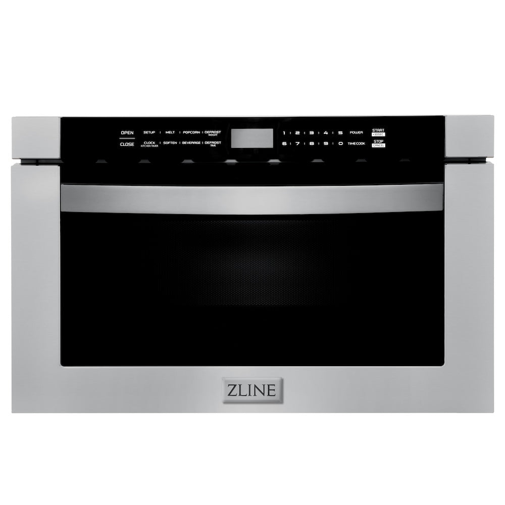 ZLINE Kitchen Package with Refrigeration, 36 in. Stainless Steel Gas Range, 36 in. Range Hood, Microwave Drawer, and 24 in. Tall Tub Dishwasher (5KPR-SGRRH36-MWDWV)