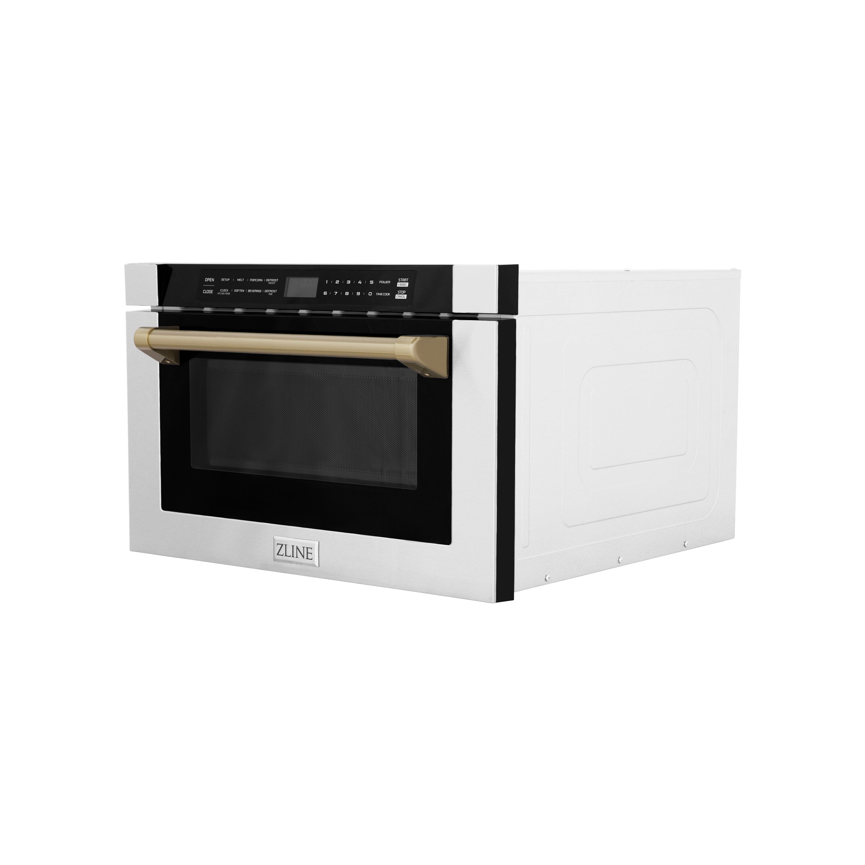 ZLINE Autograph Edition 24 in. 1.2 cu. ft. Built-in Microwave Drawer with a Traditional Handle in Stainless Steel and Champagne Bronze Accents (MWDZ-1-H-CB) Side View Drawer Closed
