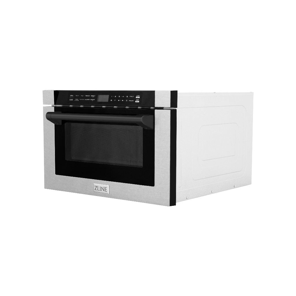 ZLINE Autograph Edition 24 in. Microwave in DuraSnow Stainless Steel with Traditional Handles and Matte Black Accents (MWDZ-1-SS-H-MB) Side View Drawer Closed