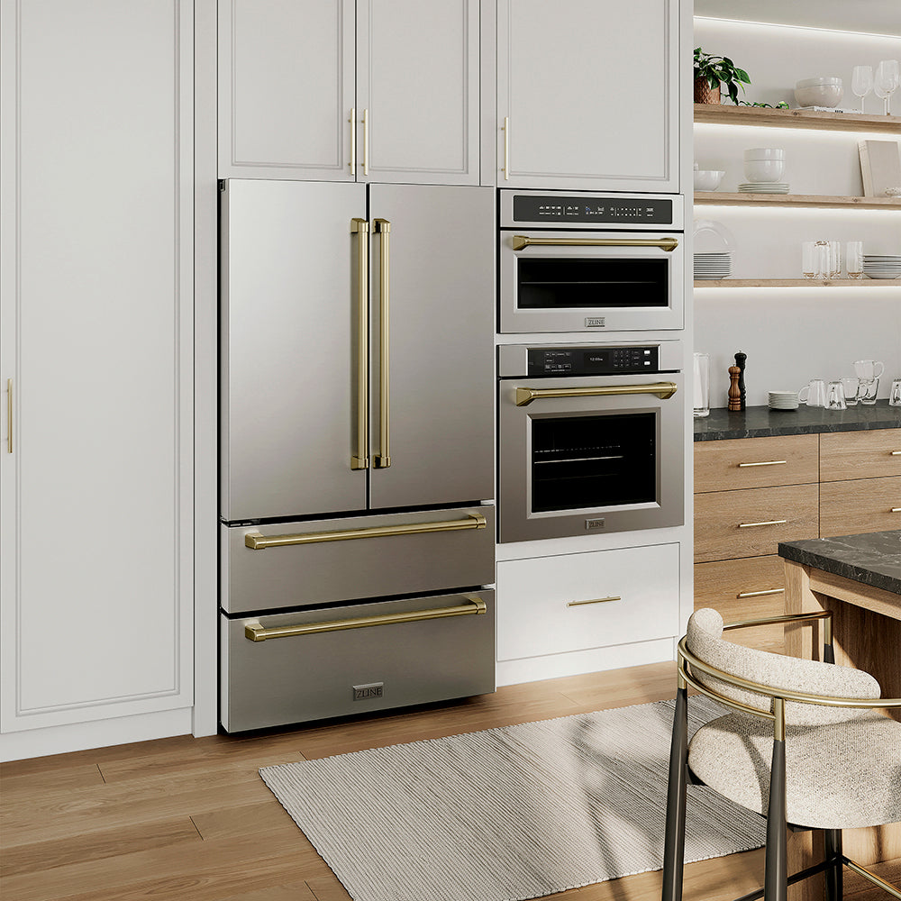 Modern kitchen with ZLINE Autograph Edition 30 in. Professional True Convection Single Wall Oven with Air Fry and Self Clean in Stainless Steel with Champagne Bronze Handle (WASZ-30-CB), stainless steel appliances and wooden flooring