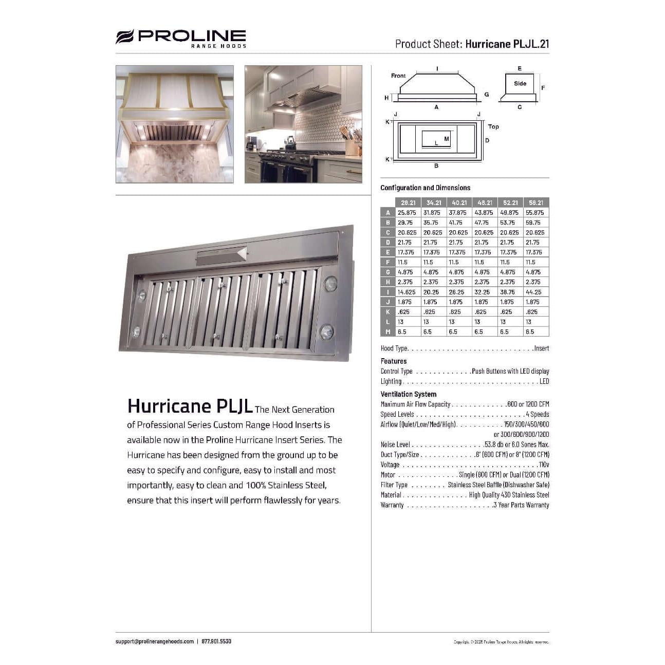 Proline Hurricane Ducted Range Hood Insert in Stainless Steel With Size and Motor Options (PLJL INS.21)