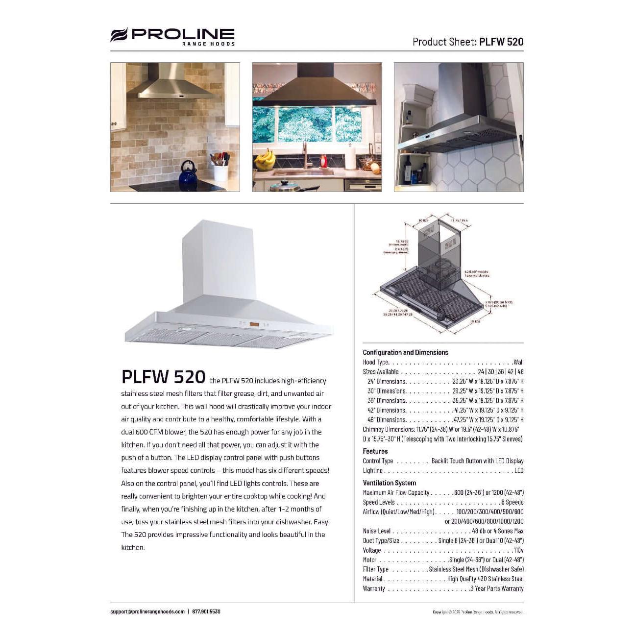 Proline Wall Mount Range Hood in Stainless Steel With Size Options (PLFW 520)