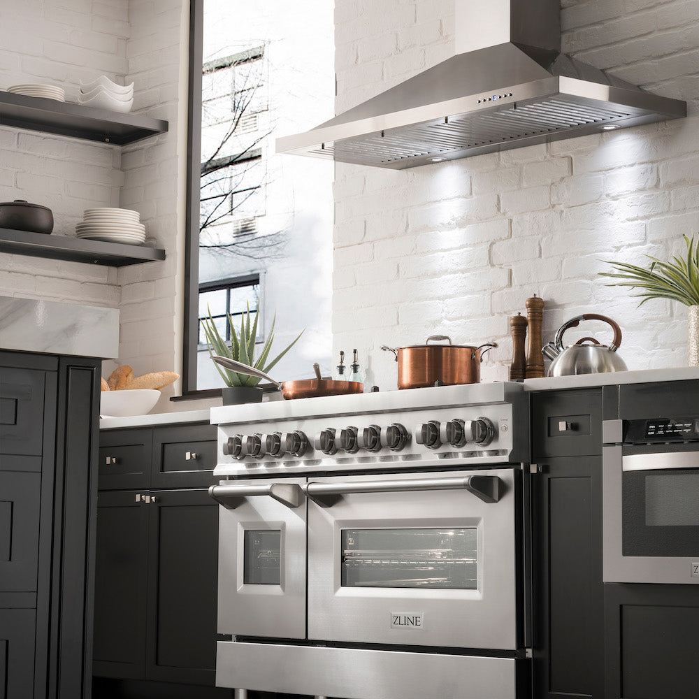 ZLINE 48 in. 6.0 cu. ft. Legacy Dual Fuel Range with Gas Cooktop and 2 Electric Ovens in Stainless Steel with 6 Brass Burners (RA-BR-48) in a luxury modern-style kitchen from below.