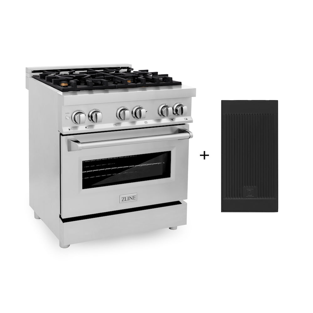 ZLINE 30 in. 4.0 cu. ft. Legacy Dual Fuel Range with Gas Cooktop and Electric Convection Oven in Stainless Steel with 4 Brass Burners and Griddle (RA-BR-GR-30) main image.