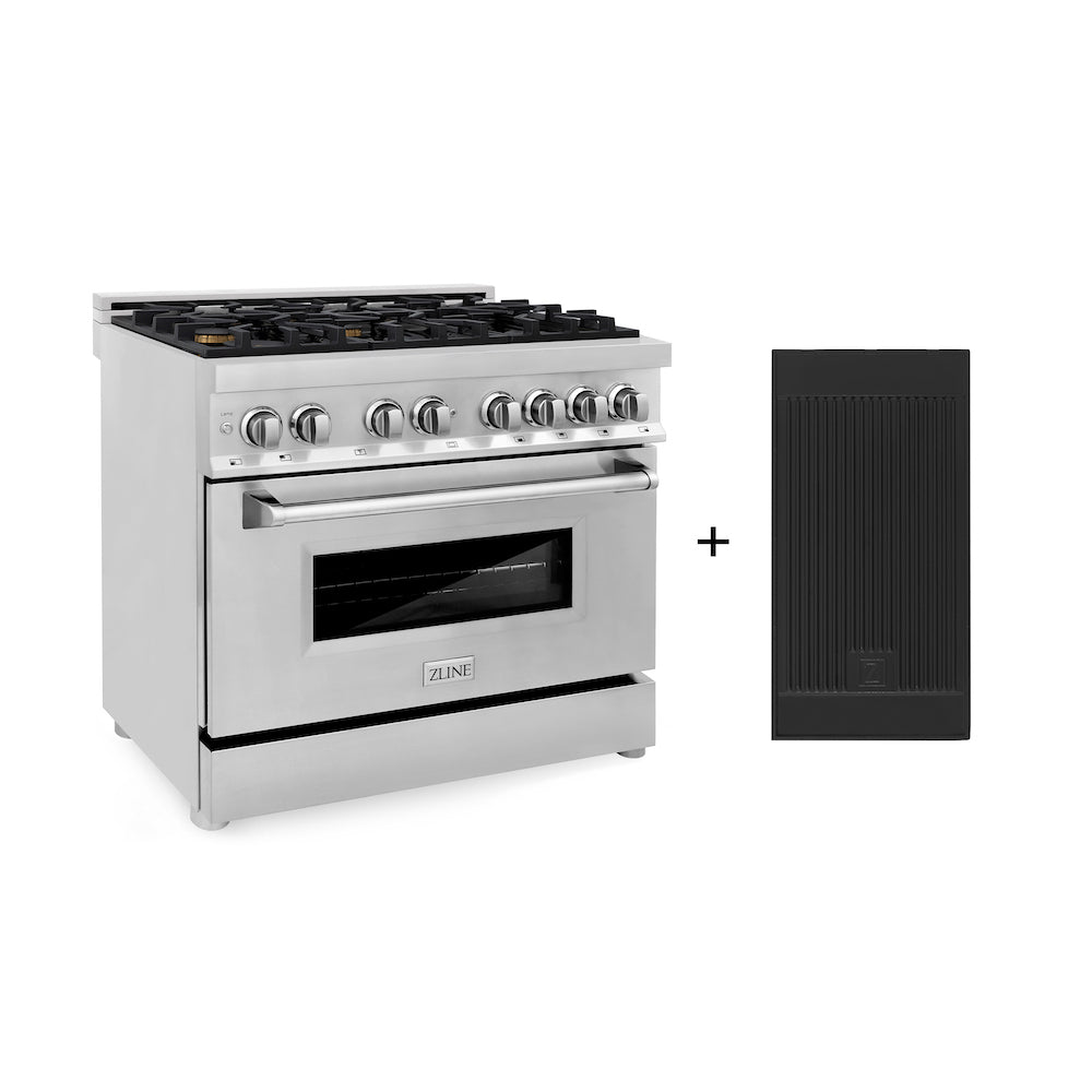 ZLINE 36 in. 4.6 cu. ft. Legacy Dual Fuel Range with Gas Cooktop and Electric Convection Oven in Stainless Steel with 6 Brass Burners and Griddle (RA-BR-GR-36) main image.