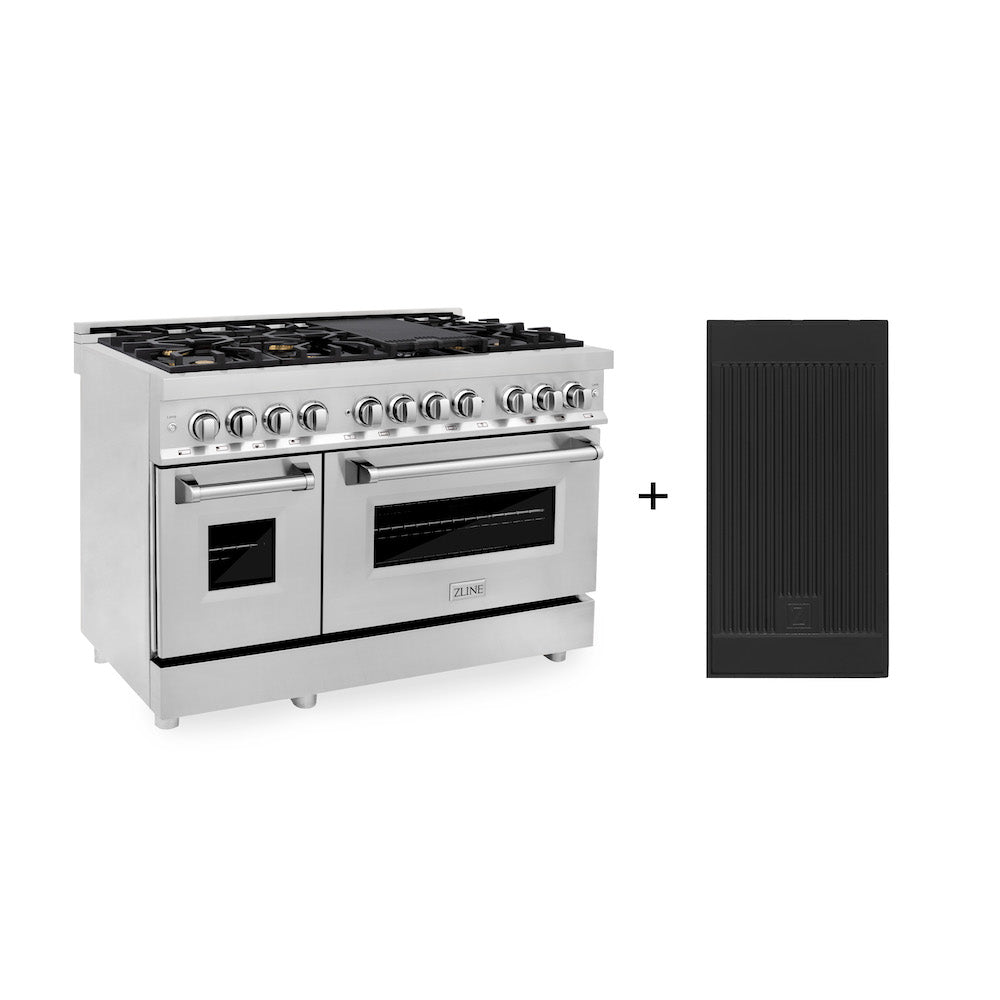 ZLINE 48 in. 6.0 cu. ft. Legacy Dual Fuel Range with Gas Cooktop and 2 Electric Ovens in Stainless Steel with 6 Brass Burners and Griddle (RA-BR-GR-48) main image.