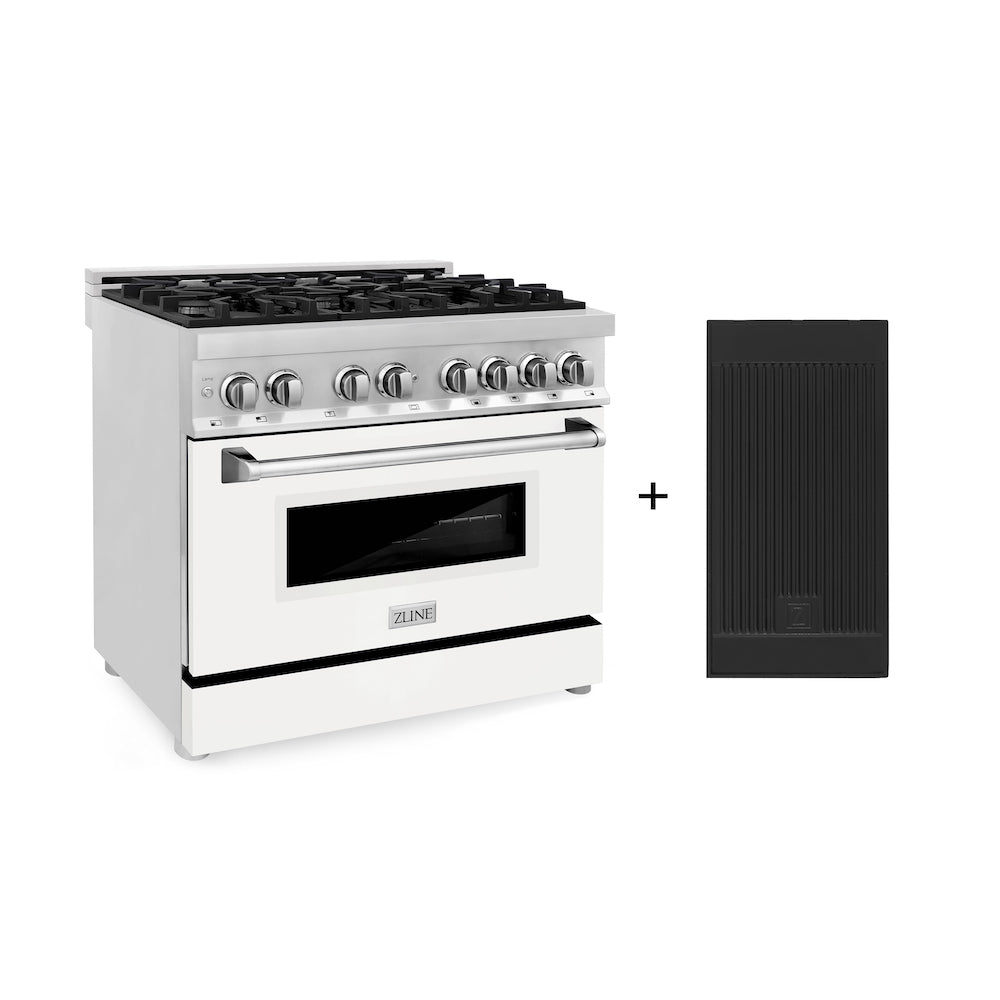 ZLINE 36 in. 4.6 cu. ft. Legacy Dual Fuel Range with 6 Burner Gas Cooktop and Electric Convection Oven in Stainless Steel with Griddle and White Matte Door (RA-WM-GR-36) main image.
