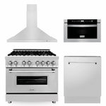 ZLINE 36 in. Kitchen Package with Stainless Steel Dual Fuel Range, Range Hood, Microwave Drawer and Tall Tub Dishwasher (4KP-RARH36-MWDWV)