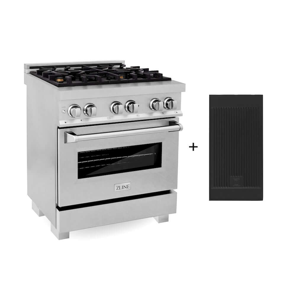 ZLINE 30 in. 4.0 cu. ft. Legacy Dual Fuel Range with Gas Cooktop and Electric Convection Oven in Satin Stainless Steel with 4 Brass Burners and Griddle (RAS-SN-BR-GR-30) main image.